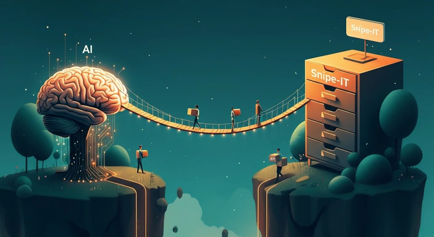 Illustration of a suspension bridge made of glowing code spanning between two floating islands - a brain labelled AI on the left and a filing cabinet labelled Snipe-IT on the right, with tiny figures carrying API parcels across