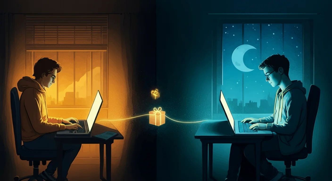 Illustration of two developers in different time zones, one in warm daylight and one at night, connected by a glowing thread of code carrying a small package labelled fix between their screens