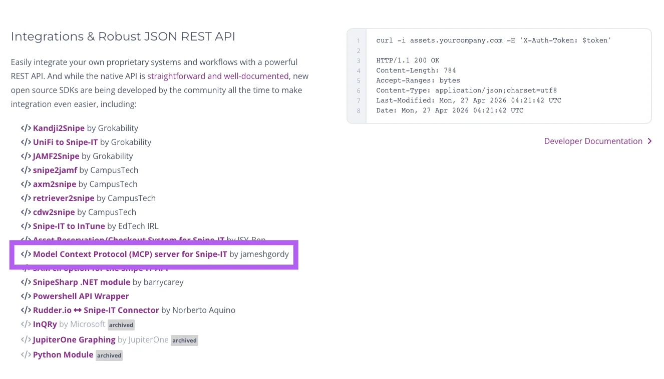Snipe-IT integrations page listing community-built tools, with Model Context Protocol (MCP) server for Snipe-IT by jameshgordy highlighted in the official integrations list