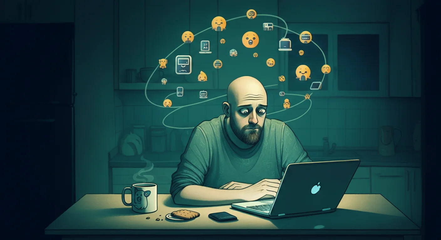 Illustration of a bleary-eyed developer at a kitchen table late on a Sunday night, cold tea and biscuit crumbs beside his laptop, with 29 small tool icons orbiting above his head like cheerful moons