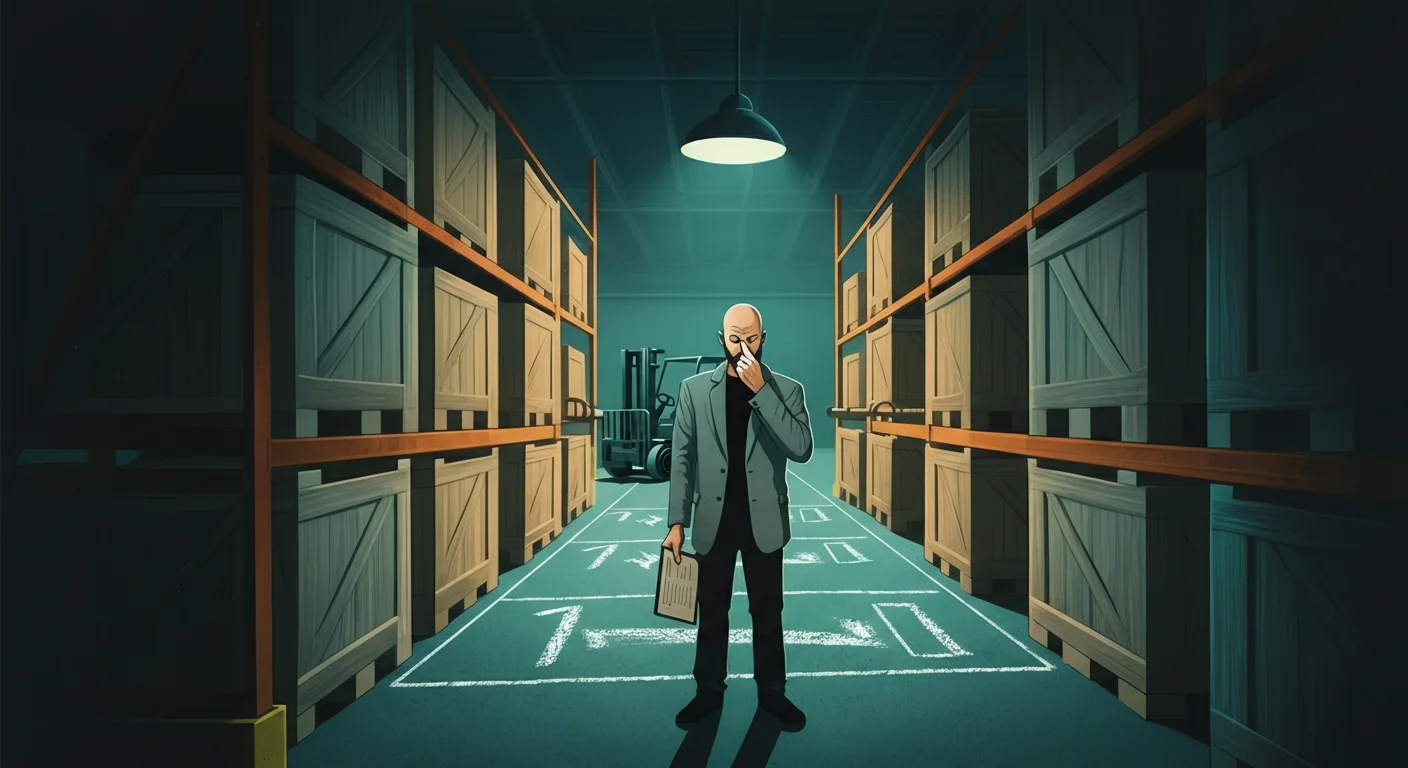 Illustration of a warehouse aisle where every lettered crate sits one position off its chalk floor outline while a developer pinches the bridge of his nose over a clipboard, representing the positional label offset bug