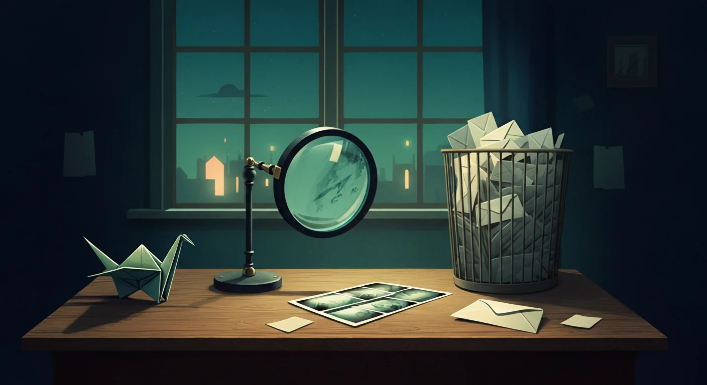 Illustration of a tiny origami paper crane examining one enormous contact sheet through a magnifying glass, beside a waste basket overflowing with hundreds of individual envelopes, representing one big picture replacing many small API calls