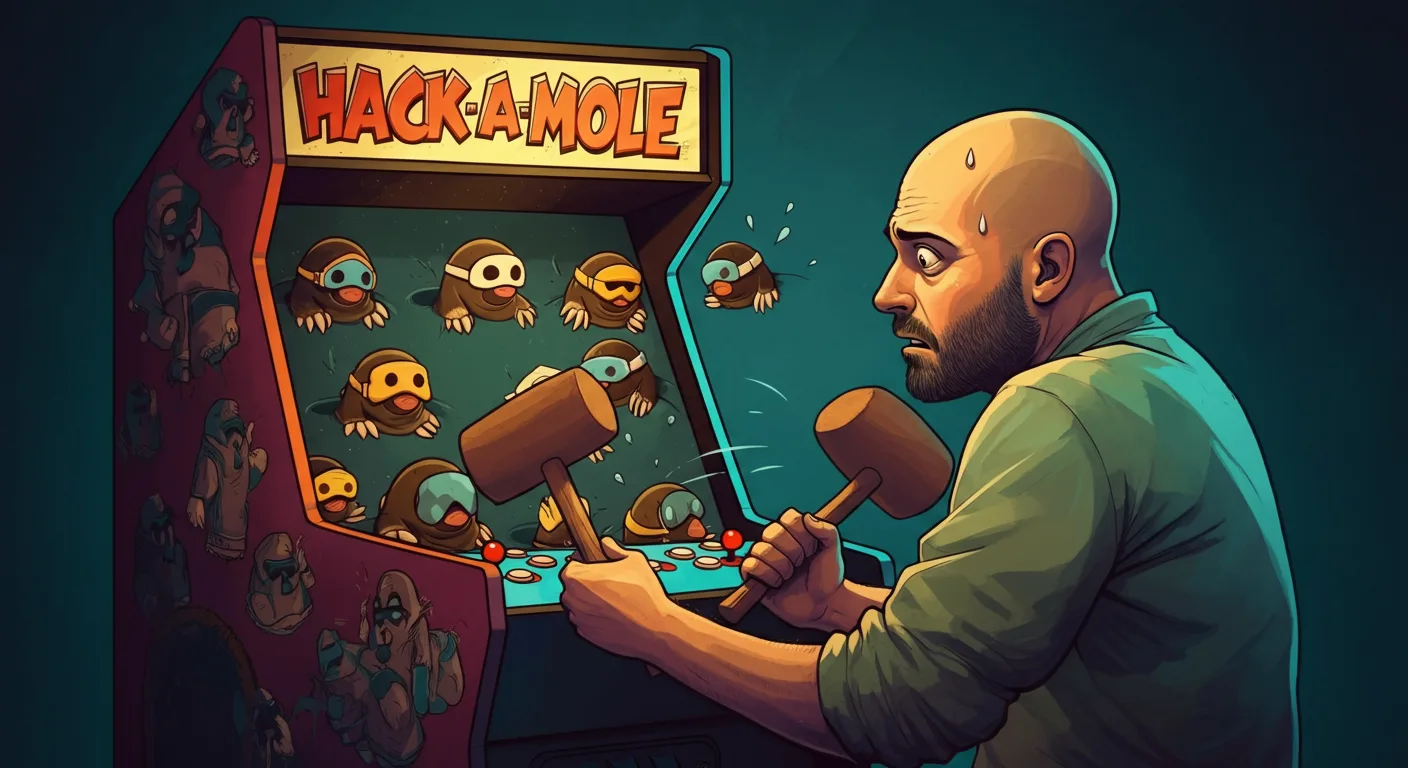 Illustration of a flustered sysadmin playing a Hack-A-Mole arcade cabinet, every mole wearing a ski mask representing rogue cryptomining processes