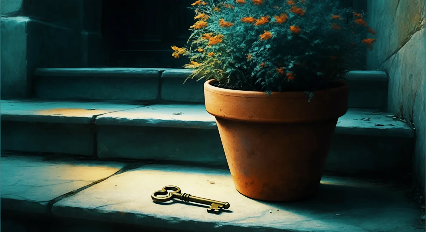 Illustration of a brass key half-hidden under a terracotta plant pot on a stone doorstep, representing emergency out-of-band server access left by a cautious engineer