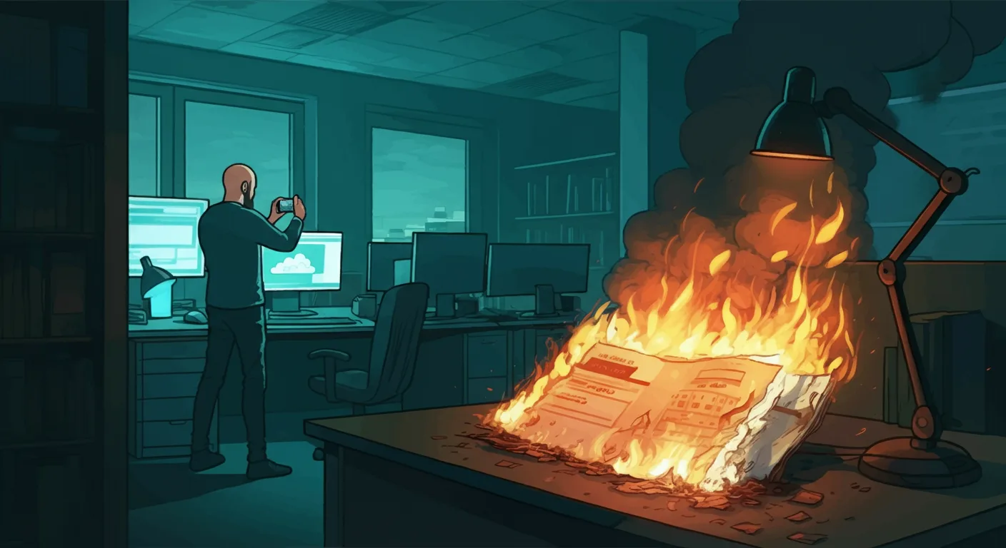 Illustration of a cloud computing invoice dramatically on fire on a desk while an engineer calmly photographs evidence on his phone in the background