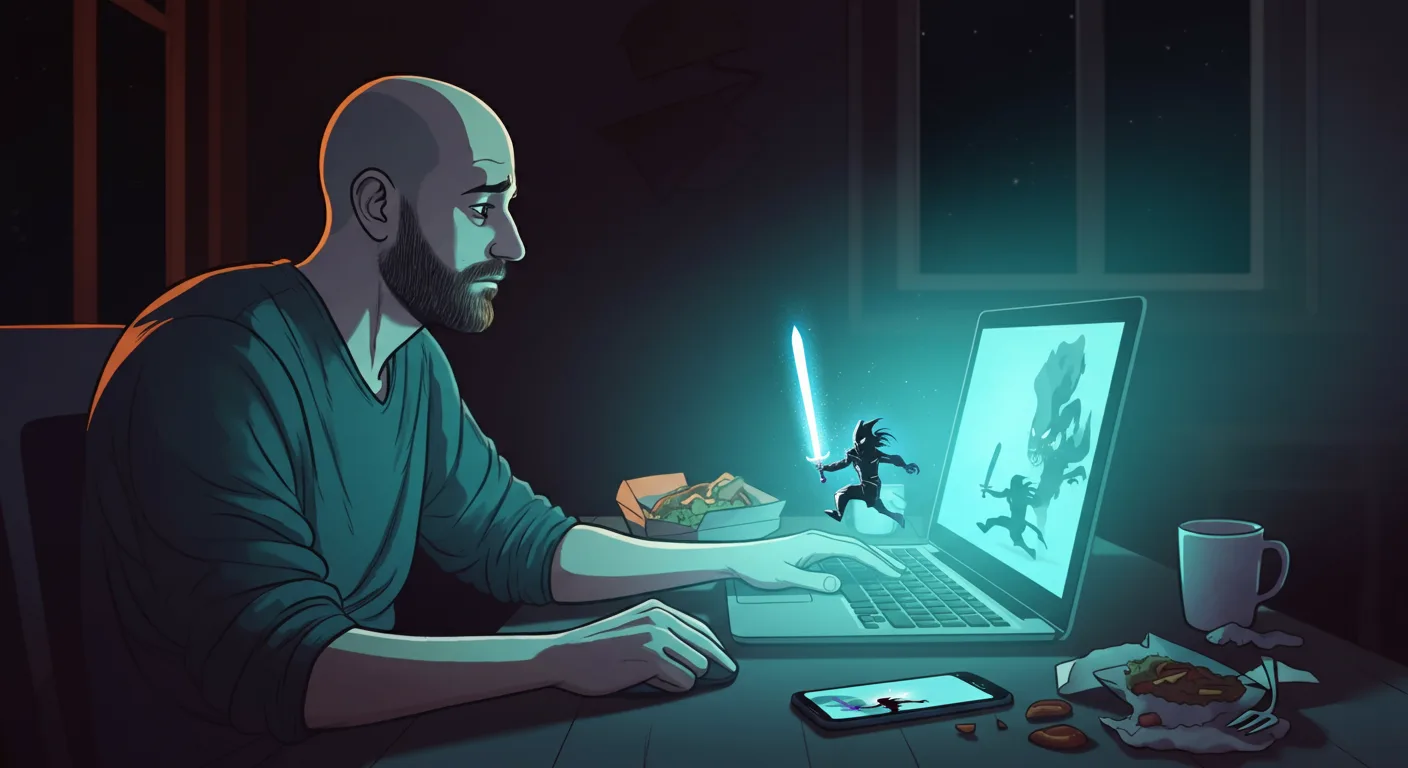 Illustration of an engineer working alone late at night, laptop screen glowing in a dark room, hunting a malicious process while takeaway grows cold on the desk
