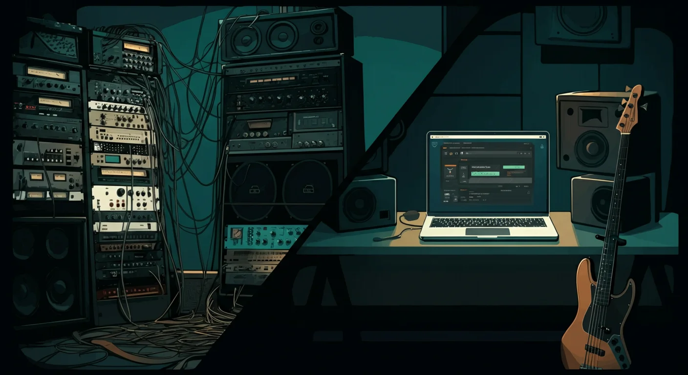 Split illustration contrasting a towering wall of expensive studio outboard gear in shadow with a single laptop running one glowing plugin window next to a bass guitar