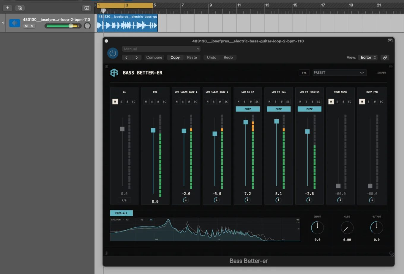 Bass Better-er running live on a bass loop in a Logic Pro session, showing nine channel strips with active metering, fuzz engaged on the dirt layers, a real-time spectrum display, and input, glue and output master knobs