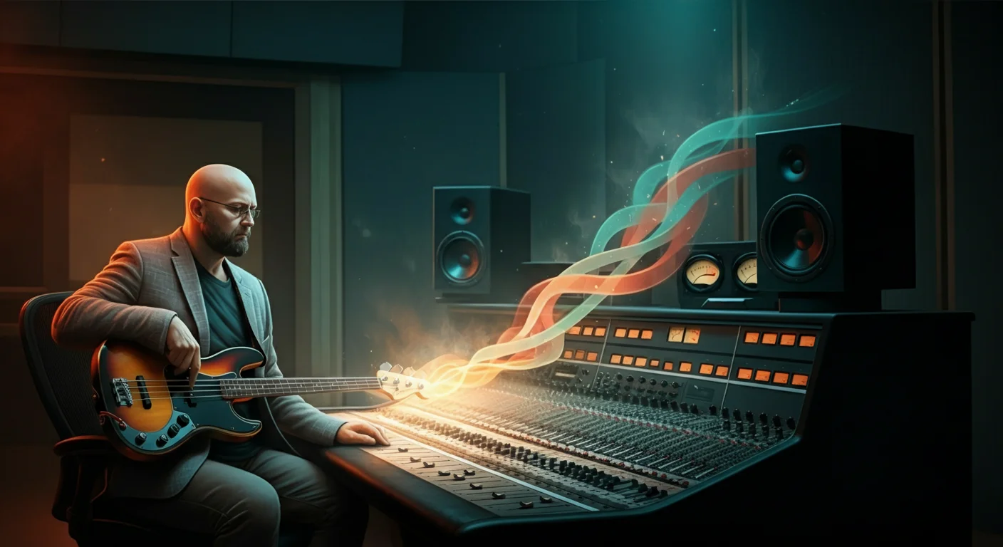 Illustration of a bassist seated at a large vintage analogue mixing console, with layered translucent sound waves rising from the desk and braiding into a single beam, representing parallel bass layers being captured and recombined